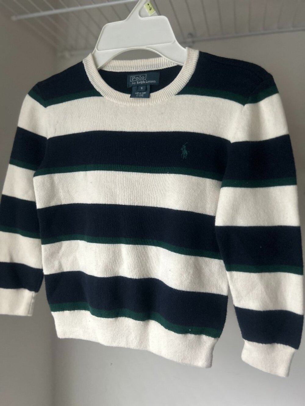 Polo Ralph Lauren Boys Size 5 100% Cotton Navy White Green Striped Sweater